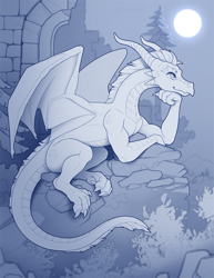 Size: 850x1100 | Tagged: safe, artist:yakovlev-vad, dragon, fictional species, western dragon, feral, 2d, ambiguous gender, building, conifer tree, horns, monochrome, moon, outdoors, reptile feet, rock, ruins, scales, side view, smiling, solo, solo ambiguous, tail, tree, webbed wings, wings