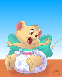Size: 1024x1280 | Tagged: safe, artist:warpwarp29, cynthia brisby (the secret of nimh), mammal, mouse, rodent, semi-anthro, sullivan bluth studios, the secret of nimh, 2d, baby, cute, diaper, female, front view, fur, open mouth, solo, solo female, three-quarter view, yellow body, yellow fur, young