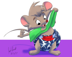 Size: 1008x793 | Tagged: safe, artist:warpwarp29, timmy brisby (the secret of nimh), mammal, mouse, rodent, semi-anthro, sullivan bluth studios, the secret of nimh, 2d, baby, cute, diaper, feet, field mouse, front view, fur, gray body, gray fur, male, murine, open mouth, signature, smiling, solo, solo male, three-quarter view, toes, young