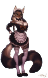 Size: 750x1200 | Tagged: safe, artist:personalami, oc, oc only, oc:ami (personalami), cat, feline, mammal, anthro, 2020, breasts, cleavage, clothes, female, fluff, garter belt, legwear, maid outfit, neck fluff, signature, simple background, solo, solo female, stockings, suspenders, tail, thigh highs, toeless legwear, white background