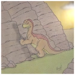 Size: 896x900 | Tagged: safe, artist:fredvegerano, littlefoot (the land before time), apatosaurus, dinosaur, sauropod, feral, sullivan bluth studios, the land before time, 2d, brown scales, eyes closed, male, rock, sad, scales, shadow, solo, solo male, traditional art, young