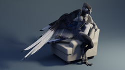 Size: 1920x1080 | Tagged: safe, artist:ruaidri, oc, oc:jykinturah, bird, corvid, magpie, songbird, anthro, 16:9, 2020, 3d, beak, bird feet, black feathers, blue eyes, chair, complete nudity, feathers, gray feathers, looking at you, male, nudity, solo, solo male, spread wings, wallpaper, white feathers, wings