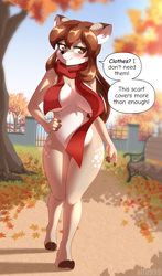 Size: 751x1280 | Tagged: suggestive, artist:alfa995, oc, oc:doe (alfa995), cervid, deer, mammal, anthro, unguligrade anthro, 2020, autumn, blushing, breasts, brown body, brown eyes, brown fur, brown hair, casual nudity, chest fluff, clothes, cloven hooves, detailed background, digital art, dipstick ears, doe, exhibitionism, eyebrow through hair, eyebrows, eyelashes, female, fingerless (marking), fluff, fur, hair, hand on hip, heart, heart eyes, hooves, long hair, looking at you, nudity, outdoors, pale belly, park, public nudity, scarf, smiling, solo, solo female, speech bubble, spots, strategically covered, walking, white body, white fur, wingding eyes