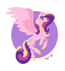 Size: 1366x1476 | Tagged: safe, artist:simplemotionstudios, princess cadence (mlp), alicorn, equine, fictional species, mammal, pony, feral, friendship is magic, hasbro, my little pony, 2020, crown, feathered wings, feathers, female, flying, hoof shoes, horn, jewelry, regalia, side view, signature, solo, solo female, tail, wings
