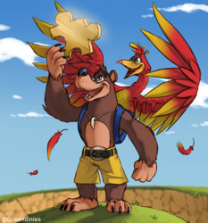 Size: 1192x1280 | Tagged: safe, artist:gabichan00, banjo (banjo-kazooie), kazooie (banjo-kazooie), bear, bird, breegull, fictional species, mammal, red crested breegull, anthro, banjo-kazooie, rareware, 2d, brown body, brown fur, cloud, day, duo, duo male and female, feathers, featured image, female, fur, male, outdoors, puzzle piece, red feathers, sky