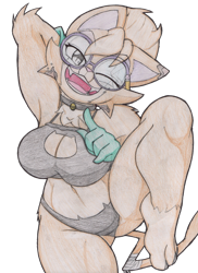 Size: 850x1170 | Tagged: suggestive, artist:random gloves, cat, feline, mammal, anthro, belly button, black bra, black panties, black underwear, bra, breasts, cat lingerie, cheek fluff, clothes, fangs, female, fluff, glasses, gray eyes, looking at you, one eye closed, one leg raised, open mouth, panties, pink nose, raised leg, round glasses, sharp teeth, shoulder fluff, simple background, solo, solo female, teeth, tess (super lucky's tale), transparent background, underwear