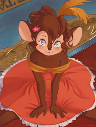 Size: 1050x1400 | Tagged: safe, artist:ancesra, tanya mousekewitz (an american tail), mammal, mouse, rodent, anthro, an american tail, sullivan bluth studios, 2d, blue eyes, blushing, brown body, brown fur, clothes, cute, dress, female, flower, flower in hair, fur, hair, hair accessory, looking at you, pixiv, solo, solo female