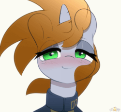 Size: 649x600 | Tagged: safe, artist:n0nnny, oc, oc only, oc:littlepip, equine, fictional species, mammal, pony, unicorn, feral, fallout equestria, fallout, friendship is magic, hasbro, my little pony, 2d, 2d animation, animated, awww, blushing, bust, clothes, commission, cute, eye through hair, fanfic, fanfic art, female, frame by frame, gif, hair, headbob, horn, looking at you, mare, ocbetes, portrait, simple background, solo, solo female, ungulate, white background