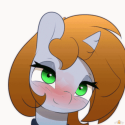 Size: 600x600 | Tagged: safe, artist:n0nnny, oc, oc only, oc:littlepip, equine, fictional species, mammal, pony, unicorn, feral, fallout equestria, fallout, friendship is magic, hasbro, my little pony, 1:1, 2d, 2d animation, animated, awww, bedroom eyes, blushing, bust, clothes, commission, cute, eye through hair, fanfic, fanfic art, female, frame by frame, gif, hair, heart, horn, kissing, kissing the screen, looking at you, mare, ocbetes, portrait, simple background, solo, solo female, ungulate, vault suit, white background