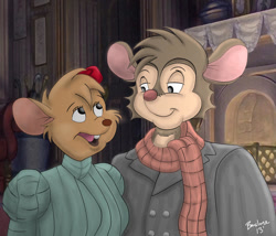 Size: 1024x877 | Tagged: safe, artist:the-b-meister, fievel mousekewitz (an american tail), olivia flaversham (the great mouse detective), mammal, mouse, rodent, anthro, an american tail, disney, sullivan bluth studios, the great mouse detective, 2013, brown body, brown fur, cheek fluff, clothes, cream body, crossover, crossover shipping, duo, female, fievelivia (an american tail/the great mouse detective), fluff, fur, looking at each other, male, male/female, older, open mouth, scarf, shipping, signature