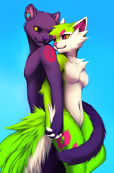 Size: 700x1059 | Tagged: safe, artist:falvie, oc, oc:falvie, cat, feline, mammal, anthro, back to back, breasts, colored sclera, duo, featureless breasts, female, fur, green body, green fur, holding, holding hands, male, purple body, purple fur, simple background, tail, white body, white fur, yellow sclera