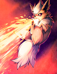 Size: 600x777 | Tagged: safe, artist:falvie, eeveelution, fictional species, flareon, mammal, feral, nintendo, pokémon, ambiguous gender, fire, fire breathing, fur, jumping, simple background, solo, solo ambiguous, tan body, tan fur