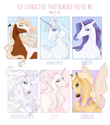 Size: 528x600 | Tagged: safe, artist:nifty-boi, lady amalthea (the last unicorn), rain (cimarron), rarity (mlp), oc, oc:cleo clearwater (nifty-boi), equine, fairy, fictional species, horse, mammal, pony, unicorn, feral, six fanarts, dreamworks animation, friendship is magic, hasbro, my little pony, spirit: stallion of the cimarron, the last unicorn, 2d, bella sara, breyer animal creations, bust, crossover, egyptian arabian horse, female, females only, group, hoers, horn, mare, sirocco (breyer), snowdreamer (bella sara), ungulate, wings