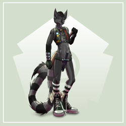 Size: 2000x2000 | Tagged: species needed, safe, alternate version, artist:qr-code, oc, oc only, anthro, digitigrade anthro, cc by-nc, creative commons, abstract background, belt, chains, chucks, clothes, female, glasses, gloves, gray border, hair, high res, jacket, knife, legwear, mohawk, scar, shoes, socks, solo, solo female, striped clothes, striped legwear, tail, tail wraps, topwear, white border, wraps