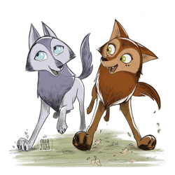 Size: 850x850 | Tagged: safe, artist:oha, mebh mactire (wolfwalkers), robyn goodfellowe (wolfwalkers), canine, mammal, wolf, feral, cartoon saloon, wolfwalkers, 2d, blue eyes, brown body, brown fur, cub, cute, duo, duo female, female, females only, fur, gray body, gray fur, green eyes, simple background, white background, young
