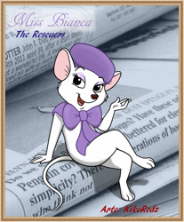 Size: 1024x1239 | Tagged: safe, artist:kikerodz, miss bianca (the rescuers), mammal, mouse, rodent, semi-anthro, disney, the rescuers, 2d, clothes, female, front view, fur, hat, looking at you, newspaper, open mouth, smiling, smiling at you, solo, solo female, three-quarter view, white body, white fur