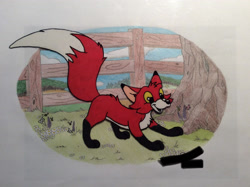Size: 1024x766 | Tagged: safe, artist:wildartdude, oc, oc only, oc:filly the fox, canine, fox, mammal, red fox, feral, 2d, animation cel, cute, front view, fur, irl, photo, photographed artwork, red body, red fur, smiling, three-quarter view, white belly