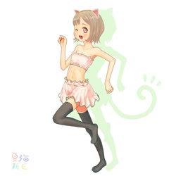 Size: 1024x1024 | Tagged: safe, artist:シンクロー, oc, oc only, animal humanoid, cat, feline, fictional species, mammal, humanoid, 2007, bottomwear, clothes, eared humanoid, female, front view, legwear, skirt, solo, solo female, tail, tailed humanoid, thigh highs, three-quarter view