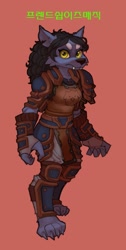Size: 647x1280 | Tagged: safe, artist:burnbuckie, oc, oc only, oc:friendshipismagic (burnbuckie), canine, fictional species, mammal, werewolf, worgen, anthro, blizzard entertainment, world of warcraft, armor, cheek fluff, clothes, fangs, female, fluff, front view, looking at you, red background, sharp teeth, simple background, solo, solo female, teeth, text, three-quarter view, toe claws