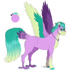 Size: 1072x1140 | Tagged: safe, artist:bijutsuyoukai, oc, oc only, bird, equine, fictional species, hippogriff, hybrid, mammal, pony, feral, friendship is magic, hasbro, my little pony, 2018, 2020, colored claws, colored hooves, colored wings, feathered wings, feathers, hippalectryon, hooves, interspecies offspring, male, multicolored wings, offspring, parent:sandbar (mlp), parent:silverstream (mlp), side view, simple background, solo, solo male, tail, tail feathers, transparent background, wings