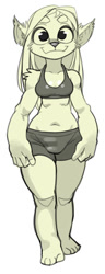 Size: 400x1047 | Tagged: safe, artist:burnbuckie, canine, fictional species, mammal, werewolf, worgen, anthro, blizzard entertainment, world of warcraft, belly button, breasts, clothes, ear fluff, fluff, looking at you, monochrome, shoulder fluff, simple background, smiling, solo, underwear, white background