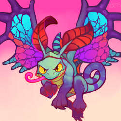 Size: 1280x1280 | Tagged: safe, artist:burnbuckie, brightwing (wow), dragon, fae dragon, fictional species, feral, blizzard entertainment, heroes of the storm, world of warcraft, antennae, colored sclera, dragoness, female, flying, gradient background, long tongue, looking at you, solo, solo female, spread wings, tongue, tongue out, wings, yellow sclera