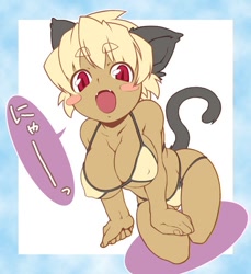 Size: 550x600 | Tagged: suggestive, artist:キリコ, animal humanoid, cat, feline, fictional species, mammal, humanoid, 2007, bra, clothes, dialogue, eared humanoid, female, japanese text, nipple outline, panties, solo, solo female, tail, tailed humanoid, talking, translation request, underwear