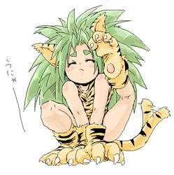 Size: 512x514 | Tagged: safe, artist:キリコ, animal humanoid, cat, feline, fictional species, mammal, humanoid, 2007, cham cham (samurai shodown), claws, eared humanoid, female, japanese text, paws, samurai shodown, solo, solo female, tail, tailed humanoid