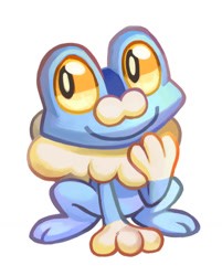 Size: 1280x1593 | Tagged: safe, artist:burnbuckie, amphibian, fictional species, froakie, frog, feral, nintendo, pokémon, ambiguous gender, colored sclera, simple background, sitting, smiling, solo, solo ambiguous, starter pokémon, white background, yellow sclera