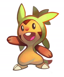 Size: 1280x1528 | Tagged: safe, artist:burnbuckie, chespin, fictional species, mammal, rodent, feral, nintendo, pokémon, ambiguous gender, bipedal, buckteeth, dot eyes, open mouth, raised arm, simple background, smiling, solo, solo ambiguous, starter pokémon, tail, teeth, white background