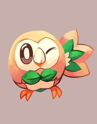 Size: 999x1280 | Tagged: safe, artist:burnbuckie, bird, bird of prey, fictional species, owl, rowlet, feral, nintendo, pokémon, ambiguous gender, beak, claws, looking at you, one eye closed, simple background, smiling, solo, solo ambiguous, starter pokémon, talons, wings, winking