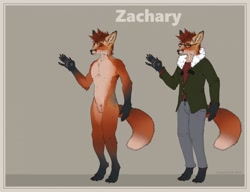 Size: 1280x982 | Tagged: safe, artist:stygimoloch, oc, oc only, oc:zachary (lord_salt), canine, fox, mammal, red fox, anthro, digitigrade anthro, 2019, abstract background, bottomwear, brown hair, character name, clothes, complete nudity, cream body, cream fur, featureless crotch, fluff, front view, fur, hair, male, nudity, orange body, orange fur, pants, paw pads, paws, pubic fluff, raised hand, reference sheet, shirt, signature, solo, solo male, standing, tail, tail fluff, tan body, tan fur, three-quarter view, topwear
