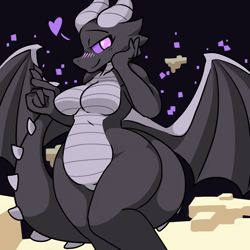 Size: 900x900 | Tagged: suggestive, artist:squareofthelightones, dragon, ender dragon, fictional species, reptile, anthro, minecraft, bedroom eyes, black scales, blushing, breasts, colored sclera, dragoness, featureless breasts, featureless crotch, female, front view, hand on face, heart, horns, jean?, love heart, purple eyes, purple sclera, scales, seductive look, seductive pose, smiling, solo, solo female, spikes, spread wings, tail, three-quarter view, wide hips, wings