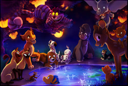 Size: 1080x726 | Tagged: safe, artist:tamberella, am (lady and the tramp), bambi (bambi), basil (the great mouse detective), cheshire cat (disney's alice in wonderland), copper (the fox and the hound), dumbo (character), figaro (pinocchio), flounder (the little mermaid), oliver (oliver & company), si (lady and the tramp), simba (the lion king), terk (tarzan), toulouse (the aristocats), ape, bloodhound, canine, cat, cervid, dalmatian, deer, dog, elephant, fairy, feline, fictional species, gorilla, mammal, mouse, primate, rodent, siamese, anthro, feral, 101 dalmatians, alice in wonderland (1951), bambi (film), disney, dumbo (film), fantasia, lady and the tramp, oliver & company, pinocchio (disney), tarzan (disney franchise), the aristocats, the fox and the hound, the great mouse detective, the lion king, the little mermaid (disney), 2d, crossover, female, group, kitten, male, murine, puppy, young