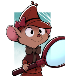 Size: 425x496 | Tagged: safe, artist:vazelle, olivia flaversham (the great mouse detective), mammal, mouse, rodent, anthro, disney, the great mouse detective, 2d, brown body, brown fur, clothes, detective, detective hat, female, front view, fur, hat, low res, magnifying glass, smiling, solo, solo female, three-quarter view, young