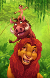 Size: 644x1000 | Tagged: safe, artist:dolphiana, pumbaa (the lion king), simba (the lion king), timon (the lion king), big cat, feline, lion, mammal, meerkat, suid, warthog, feral, disney, the lion king, 2d, arm fluff, brown body, brown fur, brown hair, cheek fluff, chest fluff, cream body, cream fur, ear fluff, fluff, fur, hair, male, males only, mane, open mouth, open smile, pink tongue, red eyes, red hair, red mane, smiling, teeth, tongue, trio, trio male, tusks, yellow body, yellow fur