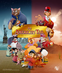 Size: 1024x1213 | Tagged: safe, artist:brisbybraveheart, bridget (an american tail), cat r. waul (an american tail), digit (an american tail), fievel mousekewitz (an american tail), henri (an american tail), mama mousekewitz (an american tail), miss kitty (an american tail), papa mousekewitz (an american tail), t.r. chula (an american tail), tanya mousekewitz (an american tail), tiger (an american tail), tony toponi (an american tail), warren t. cat (an american tail), wiley burp (an american tail), yasha mousekewitz (an american tail), arachnid, arthropod, bird, canine, cat, dog, feline, mammal, mouse, pigeon, rodent, spider, tarantula, anthro, semi-anthro, an american tail, sullivan bluth studios, 2d, bloomers, blushing, boots, bottomwear, bow, bow tie, cape, clothes, cowboy hat, dress, female, group, hair bow, hat, headscarf, headwear, large group, male, murine, native american, pants, shoes, signature, statue of liberty, sweater, top hat, topwear, young