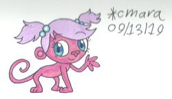 Size: 942x546 | Tagged: safe, artist:cmara, minka mark (lps), mammal, monkey, primate, feral, hasbro, littlest pet shop, littlest pet shop (2012), 2019, 2d, blue eyes, female, fur, hair, looking at you, pink body, pink fur, pink hair, simple background, solo, solo female, spider monkey, traditional art, white background