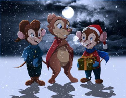 Size: 450x347 | Tagged: safe, artist:brisbybraveheart, fievel mousekewitz (an american tail), mrs. brisby (the secret of nimh), tanya mousekewitz (an american tail), mammal, mouse, rodent, anthro, semi-anthro, an american tail, sullivan bluth studios, the secret of nimh, 2d, brown body, brown fur, christmas, clothes, crossover, female, field mouse, fur, group, hat, holiday, low res, male, moon, murine, night, night sky, present, santa hat, sky, snow, snowfall, trio, winter, young