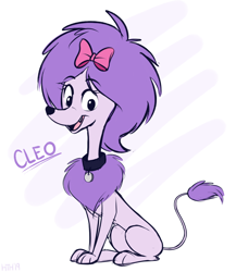 Size: 1000x1150 | Tagged: safe, artist:higglytownhero, cleo (clifford), canine, dog, mammal, poodle, feral, clifford the big red dog, pbs, 2d, cute, female, front view, fur, looking at you, open mouth, purple body, purple fur, sitting, smiling, smiling at you, solo, solo female, text, three-quarter view