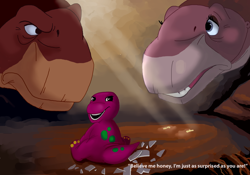 Size: 3436x2410 | Tagged: safe, artist:nostalgicchills, ali (the land before time), littlefoot (the land before time), apatosaurus, dinosaur, sauropod, theropod, tyrannosaurus rex, feral, pbs, sullivan bluth studios, the land before time, abomination, alifoot (the land before time), baby, barney and friends, barney the dinosaur (barney and friends), cousins, crossover, cursed image, egg, female, front view, group, high res, incest, male, male/female, nightmare fuel, not salmon, older, parent:ali (the land before time), parent:littlefoot (the land before time), parents:alifoot (the land before time), shipping, three-quarter view, trio, unamused, wat, young, younger