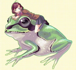 Size: 482x444 | Tagged: safe, artist:華南, amphibian, frog, human, mammal, feral, lifelike feral, 2007, ambiguous gender, duo, female, low res, non-sapient, realistic, side view, size difference