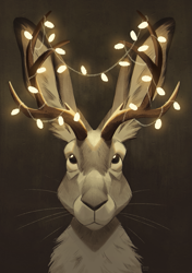 Size: 633x900 | Tagged: safe, artist:jeniak, fictional species, jackalope, lagomorph, mammal, ambiguous form, 2020, abstract background, ambiguous gender, antlers, christmas, christmas lights, digital art, ear fluff, fluff, front view, fur, gray body, gray fur, holiday, lights, long ears, looking up, solo, solo ambiguous, video in the description, whiskers