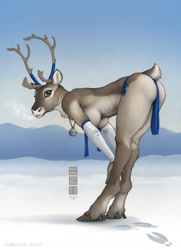 Size: 1045x1444 | Tagged: suggestive, artist:ecmajor, cervid, deer, mammal, reindeer, anthro, antlers, bending over, big breasts, breasts, butt, cloven hooves, dewclaw, female, female with antlers, hooves, side view, solo, solo female