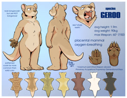 Size: 1056x816 | Tagged: safe, artist:rick griffin, canine, fictional species, geroo, mammal, marsupial, anthro, plantigrade anthro, hayven celestia, 2017, ambiguous gender, cream body, cream fur, digital art, featureless crotch, fluff, front view, fur, macropod, neck fluff, open mouth, rear view, reference sheet, sharp teeth, signature, soles, solo, solo ambiguous, standing, tail, tan body, tan fur, teeth, tongue