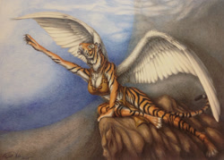 Size: 1512x1081 | Tagged: safe, artist:teiirka, oc, oc:daina, angel, big cat, feline, fictional species, mammal, tiger, anthro, angel wings, feathered wings, feathers, female, side view, solo, solo female, traditional art, wings