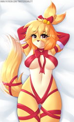 Size: 2855x4707 | Tagged: suggestive, artist:twistedscarlett60, isabelle (animal crossing), canine, dog, mammal, shih tzu, anthro, animal crossing, nintendo, 2020, bed, bedding, bedding background, bell, belly button, bow, bow tie, breasts, brown eyes, brown nose, butt, christmas, clothes, countershading, cream body, cream fur, dipstick tail, evening gloves, eyebrow through hair, eyebrows, eyelashes, female, fur, gloves, hair, hair bow, hair tie, hands behind head, high res, holiday, long gloves, looking at you, lying down, lying on bed, motion lines, multicolored fur, on back, on bed, onomatopoeia, pale belly, ribbon, short hair, smiling, smiling at you, solo, solo female, tail, tail wag, text, thigh gap, top view, two toned body, two toned fur, underass, yellow body, yellow fur, yellow hair