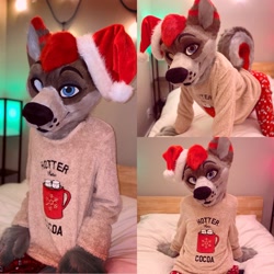 Size: 2048x2048 | Tagged: safe, artist:fursonalities, oc, oc:dayzer (dayzerhusky), canine, dog, husky, mammal, anthro, 2020, all fours, bed, blue eyes, bottomwear, christmas, clothes, front view, fullsuit, fur, fursuit, gray body, gray fur, hair, hat, high res, holiday, indoors, irl, leaning back, looking at you, male, on bed, pants, photo, pyjamas, red hair, santa hat, sitting, solo, solo male, three-quarter view, topwear