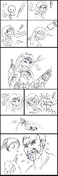 Size: 655x2000 | Tagged: safe, artist:plague of gripes, human, mammal, rat, rodent, feral, bust, clothes, comic, dialogue, female, gun, laughing, line art, male, monochrome, murine, pencil, stick figure, talking, weapon