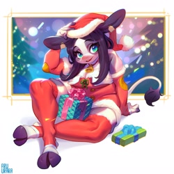 Size: 2044x2048 | Tagged: safe, artist:aruurara, bovid, cattle, cow, mammal, anthro, 2020, armwear, bell, black body, black fur, black hair, breasts, christmas, cleavage, clothes, colored pupils, costume, digital art, female, fur, hair, hat, high res, holiday, legwear, looking at you, multicolored fur, open mouth, present, santa costume, santa hat, sitting, smiling, smiling at you, solo, solo female, tail, thigh highs, topwear, white body, white fur